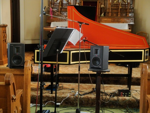 Loudspeakers, pedals, and preamps greet you with strange beady eyes, especially when placed in front of a harpsichord
